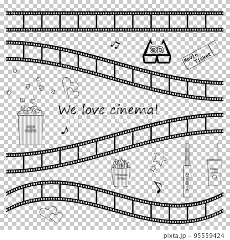 Movie theater and film illustration set 2 Monochrome line drawing 95559424