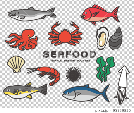 シンプルでかわいい、マグロやタコなどの魚介類のベクターイラスト素材／漁業／海鮮／食べ物 95559830
