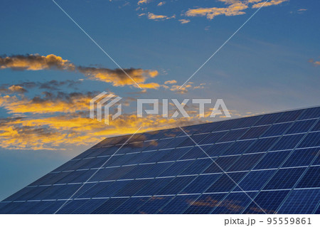 Blue photovoltaic solar panels at twilight 95559861
