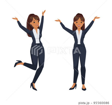 Office Woman Character Wearing Formal Suit Jumping and Rejoicing Vector Set Office Woman Character Wearing Formal Suit Jumping and Rejoicing Vector Set 95560086