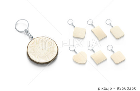 Blank wooden tag on chain mockup, different shapes 95560250