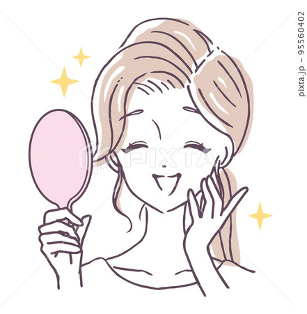キラキラした満面の笑みで鏡を見る幸せそうな若い女性のイラスト素材 95560402