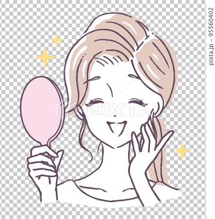 キラキラした満面の笑みで鏡を見る幸せそうな若い女性のイラスト素材 95560402