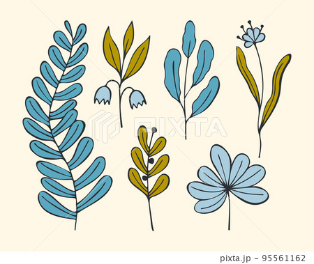 Set doodle coloring flower twigs hand drawn, contour, isolated Set doodle coloring flower twigs hand drawn, contour, isolated 95561162