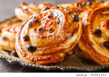 closeup of delicious freshly baked pain aux raisins closeup in the plate. Horizontal closeup of delicious freshly baked pain aux raisins closeup in the plate. Horizontal 95561353