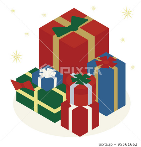 カラフルでクリスマスカラーなプレゼントボックスのアイソメイラスト カラフルでクリスマスカラーなプレゼントボックスのアイソメイラスト 95561662