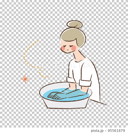 Color line drawing of a woman doing a hand elbow bath Color line drawing of a woman doing a hand elbow bath 95561879