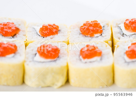 Japanese food restaurant, sushi maki gunkan roll plate or platter set. Sushi set and composition 95563946