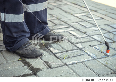 Worker treats surface of sidewalk with herbicides and chemicals from weeds and vegetation. Close-up 95564031