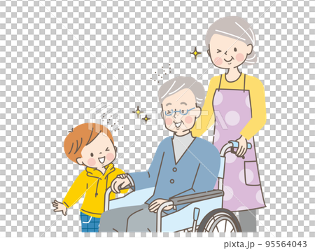 一個微笑的男孩坐在輪椅上來看望他的祖父 一個微笑的男孩坐在輪椅上來看望他的祖父 95564043