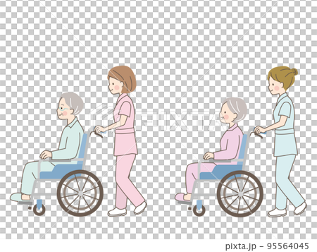 Illustration material of a female nurse helping senior men and women in wheelchairs Illustration material of a female nurse helping senior men and women in wheelchairs 95564045