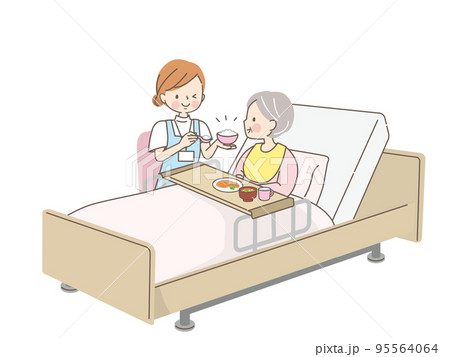 シニア女性に食事を介助する介護士 シニア女性に食事を介助する介護士 95564064