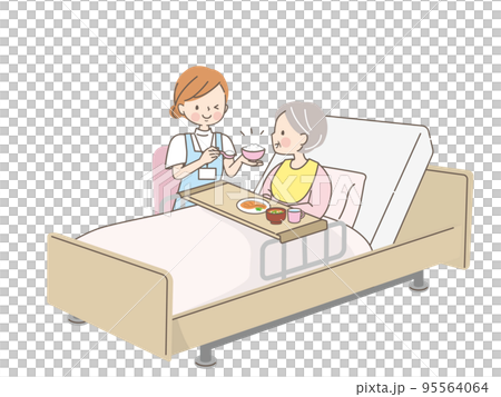 シニア女性に食事を介助する介護士 シニア女性に食事を介助する介護士 95564064