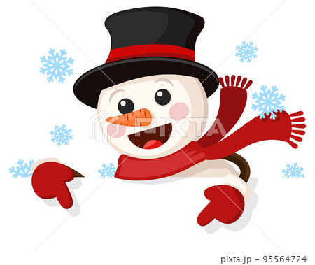 Snowman in a hat points to a place for text on a white background. 95564724