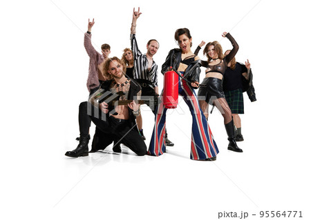 Group of stylish expressive people, man and woman, rock musicians performerming, posing over white background Group of stylish expressive people, man and woman, rock musicians performerming, posing over white background 95564771