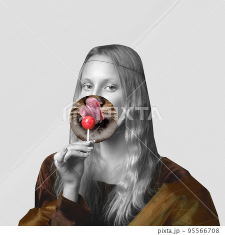 Surreal artwork with bw portrait of young woman as medieval royal person in vintage clothing with part of tiger's face instead face. Art, surrealism, inspiration 95566708