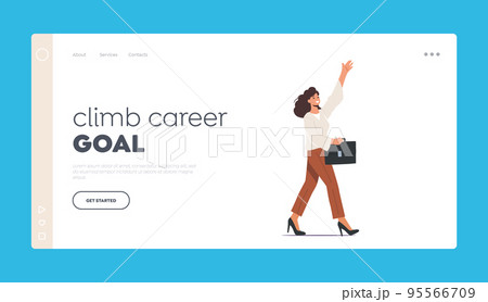 Climb Career Goal Landing Page Template. Happy Female Character Waving Hand. Young Positive Woman in Formal Wear 95566709