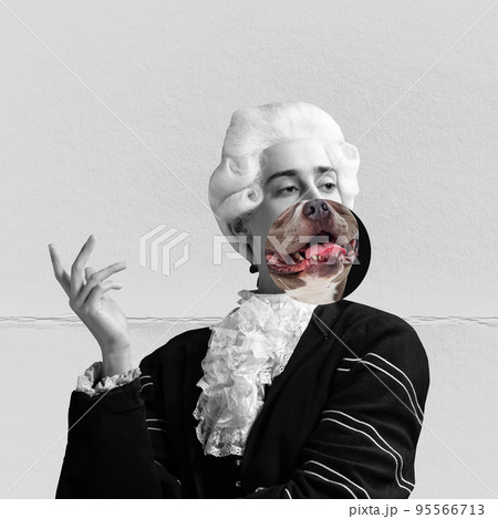 Young man in white wig in image of medieval royal person with dog's face instead face. Comparison of eras concept. Contemporary surreal art portrait Young man in white wig in image of medieval royal person with dog's face instead face. Comparison of eras concept. Contemporary surreal art portrait 95566713