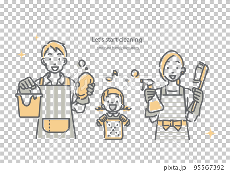 帶微笑的家庭清潔簡單而時尚的線條畫插圖 95567392