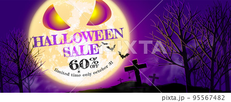 Halloween banner special sale 60% off purple pink background banner with full moon, bats, spiders, cobwebs, tombstones and crosses Designed to promote online sales. 95567482