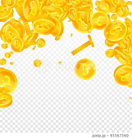 British pound coins falling. Scattered gold GBP coins. United Kingdom money. Jackpot wealth or success concept. Square vector illustration. 95567560