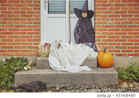 Adorable sad child with dog on porch dressed in halloween costumes 95568480