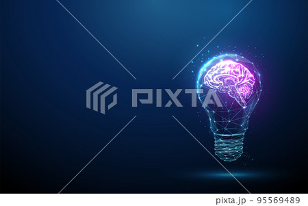 Abstract blue glowing light bulb with violet brains inside 95569489
