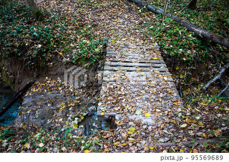Wooden bridge made of boards thrown over a forest river 95569689