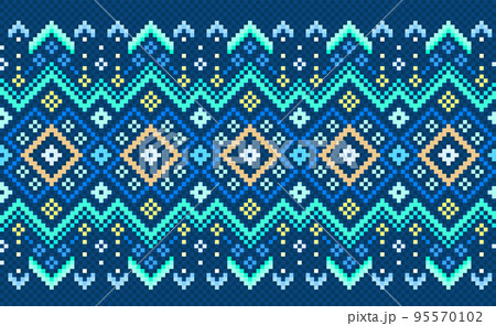 Embroidery ethnic pattern, Vector Cross stitch decorative geometry style, Blue and green pattern background Embroidery ethnic pattern, Vector Cross stitch decorative geometry style, Blue and green pattern background 95570102