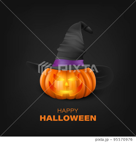 Vector Halloween Pumpkin with Witch Hat on Black Background. Cute Jack-o-lanterns, Carved Pumpkin Face for Invitations, Cards, Wrapping, Banners Design. 3d Realistic Pumpkin Vector Halloween Pumpkin with Witch Hat on Black Background. Cute Jack-o-lanterns, Carved Pumpkin Face for Invitations, Cards, Wrapping, Banners Design. 3d Realistic Pumpkin 95570976