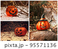Halloween theme collage with funny pumpkins. Seasonal Greeting card, party flyer design 95571136