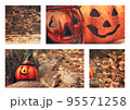 Halloween collage with funny pumpkin faces. Fall moodboard. Greeting card, party flyer design 95571258