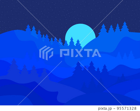Night winter mountain landscape with moon. Mountain landscape with fir trees in a flat style. View of the snowy hills. Design for posters, travel agencies and promotional items. Vector illustration Night winter mountain landscape with moon. Mountain landscape with fir trees in a flat style. View of the snowy hills. Design for posters, travel agencies and promotional items. Vector illustration 95571328