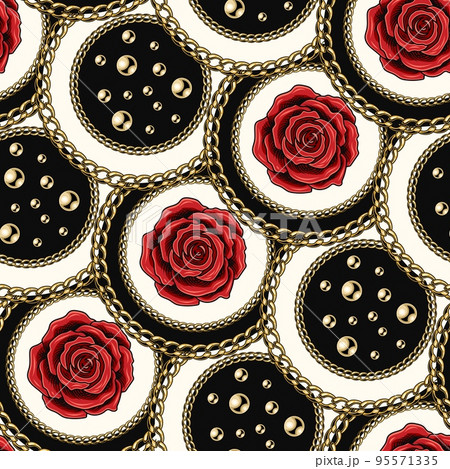 Geometric seamless pattern with overlapping black, white circles arranged in grid like squama. Background with red roses, gold metallic chains, ball beads. Vector illustration 95571335