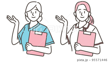 ナース服とスクラブ姿のナースが笑顔で案内【ベクターイラスト素材】 ナース服とスクラブ姿のナースが笑顔で案内【ベクターイラスト素材】 95571446