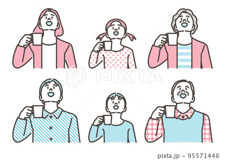 コロナ感染予防や健康のためうがいをする家族【上半身ベクターイラスト素材】 95571448