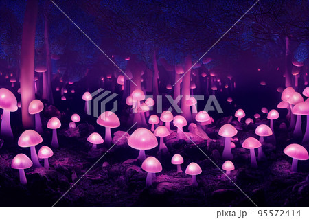 Glowing mushrooms. Magical shimmering mushrooms in a mysterious forest 95572414