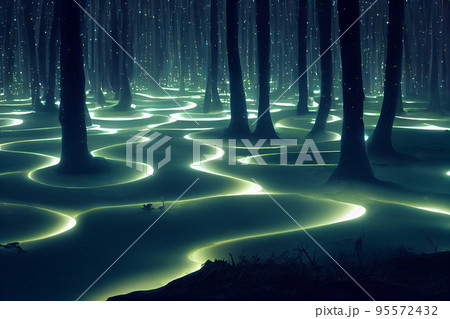 Glowing mushrooms. Magical shimmering mushrooms in a mysterious forest 95572432