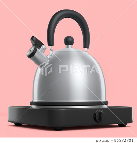 Portable camping electric stove and kettle with whistle on pink background. 95572701