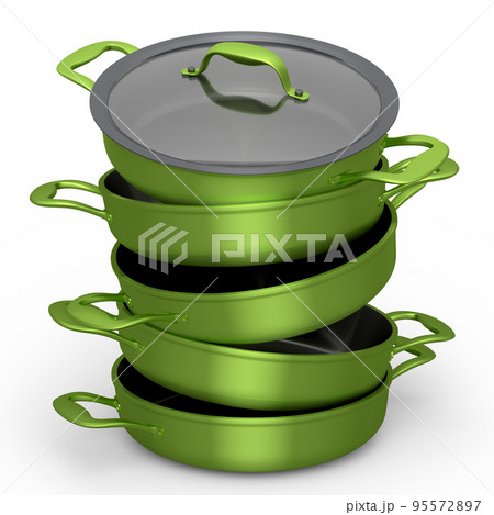 Set of stainless steel stewpot and chrome plated cookware on white background 95572897