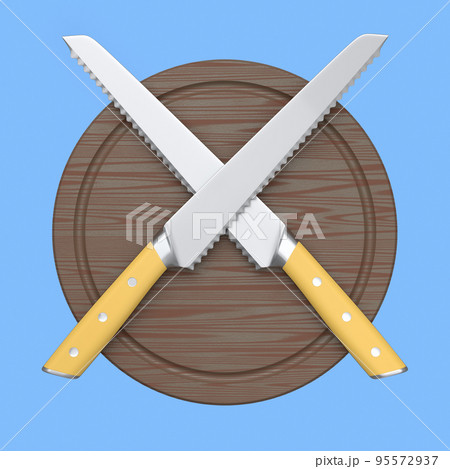Chef's kitchen knives on a wooden board isolated on blue background. 95572937