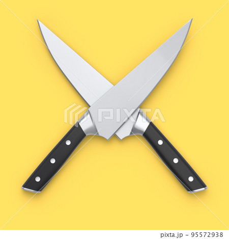 Set of chef's kitchen knives with a wooden handle isolated on yellow background. 95572938