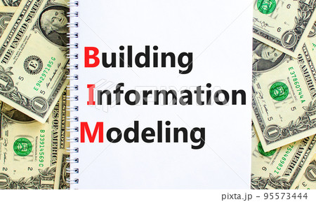 BIM building information modeling symbol. Concept words BIM building information modeling on white note on background from dollar bills. Business BIM building information modeling concept. Copy space. 95573444