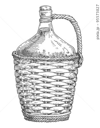 Wine wicker bottle. Vintage hatching vector black monochrome 95573827