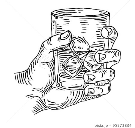 Man hand clinks a glass with whiskey. Vintage vector engraving Man hand clinks a glass with whiskey. Vintage vector engraving 95573834