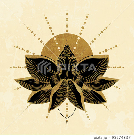Raster illustration of Indian greeting Namaste. Women's painted hands in a posture of worship, greetings on the background of lotus petals Raster illustration of Indian greeting Namaste. Women's painted hands in a posture of worship, greetings on the background of lotus petals 95574337