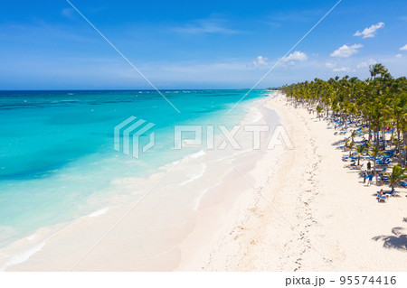 Bounty and pristine sandy shore with coconut palm trees, caribbean sea washes tropical coast. Arenda Gorda beach. Dominican Republic. Aerial view 95574416
