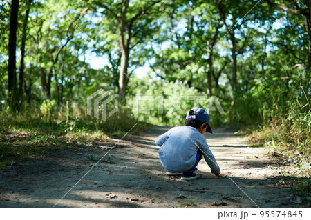 森林の散歩道の中で土が気になってしゃがんでいる男の子 95574845