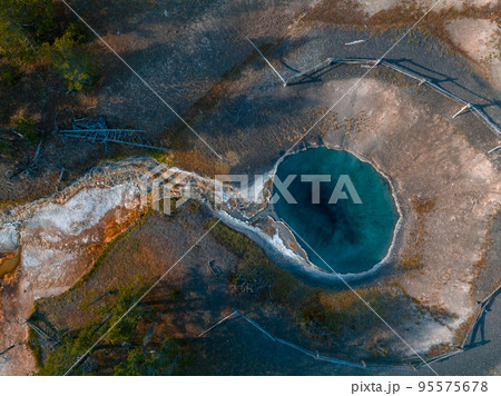 Beautiful geysers with hot water and steam with pools of thermophilic bacteria in the Upper Geyser Basin of Yellowstone National Park, Wyoming, United States. Beautiful geysers with hot water and steam with pools of thermophilic bacteria in the Upper Geyser Basin of Yellowstone National Park, Wyoming, United States. 95575678