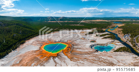 Aerial view of Grand Prismatic Spring in Midway Geyser Basin, Yellowstone National Park, Wyoming, USA. It is the largest hot spring in the United States 95575685